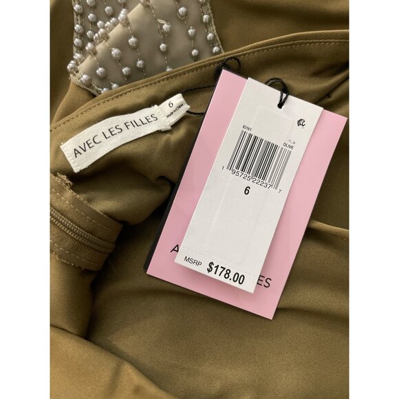 Avec Les Filles Olive Midi Dress Size 6 Beaded Floral Accent Halter Neck Cutout - Picture 8 of 9